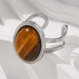 Stainless Steel Gemstone Oval Tiger Eye Carnelian Snowflake Adjustable Open Cuff Ring Blue White Silver R209 product image 4
