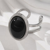 Stainless Steel Gemstone Oval Tiger Eye Carnelian Snowflake Adjustable Open Cuff Ring Blue White Silver R209 product image 6