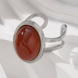 Stainless Steel Gemstone Oval Tiger Eye Carnelian Snowflake Adjustable Open Cuff Ring Blue White Silver R209 product image 8