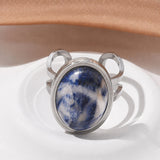 Stainless Steel Gemstone Oval Tiger Eye Carnelian Snowflake Adjustable Open Cuff Ring Blue White Silver R209 product image 9