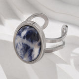 Stainless Steel Gemstone Oval Tiger Eye Carnelian Snowflake Adjustable Open Cuff Ring Blue White Silver R209 product image 10