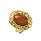 Stainless Steel Gemstone Oval Tiger Eye Quartz Textured Round Adjustable Cuff Ring Gold R210