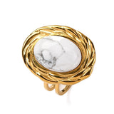 Stainless Steel Gemstone Oval Tiger Eye Quartz Textured Round Adjustable Cuff Ring Gold R210
