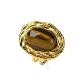 Stainless Steel Gemstone Oval Tiger Eye Quartz Textured Round Adjustable Cuff Ring Gold R210