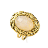 Stainless Steel Gemstone Oval Tiger Eye Quartz Textured Round Adjustable Cuff Ring Gold R210