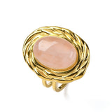 Stainless Steel Gemstone Oval Tiger Eye Quartz Textured Round Adjustable Cuff Ring Gold R210