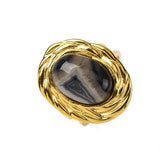 Stainless Steel Gemstone Oval Tiger Eye Quartz Textured Round Adjustable Cuff Ring Gold R210