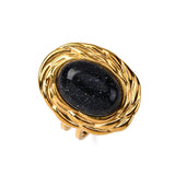 Stainless Steel Gemstone Oval Tiger Eye Quartz Textured Round Adjustable Cuff Ring Gold R210