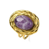 Stainless Steel Gemstone Oval Tiger Eye Quartz Textured Round Adjustable Cuff Ring Gold R210