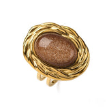 Stainless Steel Gemstone Oval Tiger Eye Quartz Textured Round Adjustable Cuff Ring Gold R210