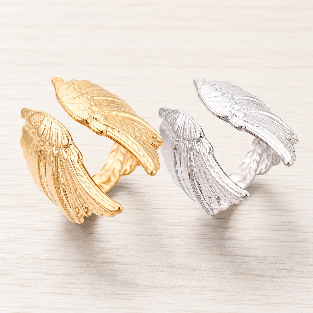 18K Gold-Plated Stainless Steel Wing Fashion Womens Polished Open Ring Silver R214 product image 1