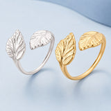 18K Gold-Plated Stainless Steel Leaf Fashion Womens Polished Open Ring Silver R215 product image 1