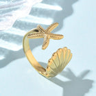 18K Gold-Plated Stainless Steel Starfish Ocean Polished Star Adjustable Cuff Ring R219 product image 1