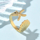 18K Gold-Plated Stainless Steel Starfish Ocean Polished Star Adjustable Cuff Ring R219 product image 1