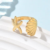 18K Gold-Plated Stainless Steel Starfish Ocean Polished Star Adjustable Cuff Ring R219 product image 2