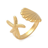 18K Gold-Plated Stainless Steel Starfish Ocean Polished Star Adjustable Cuff Ring R219 product image 4