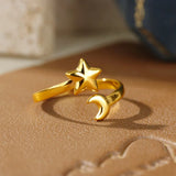 Stainless Steel Star Moon Wide Polished Textured Adjustable Open Ring Gold 2-12.5mm R220 product image 1