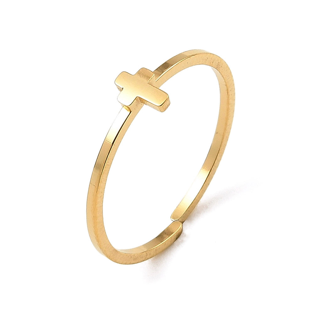 18K Gold-Plated Stainless Steel Cross Religious Smooth Adjustable Open Cuff Ring R227 product image 1