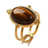 Stainless Steel Oval Tiger Eye Polished Faceted Bezels Adjustable Cuff Ring Gold R230 product image 1