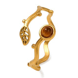 Stainless Steel Tiger Eye Leaf Lapis Lazuli Womens Polished Round Adjustable Cuff Ring Gold R231