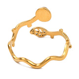 Stainless Steel Tiger Eye Leaf Lapis Lazuli Womens Polished Round Adjustable Cuff Ring Gold R231