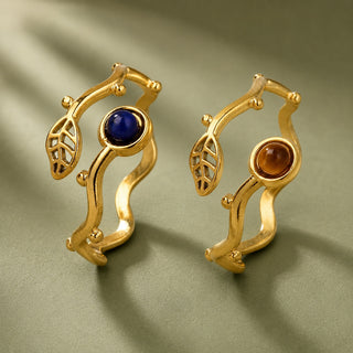 Stainless Steel Tiger Eye Leaf Lapis Lazuli Womens Polished Round Adjustable Cuff Ring Gold R231 product image 1