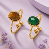 Stainless Steel Oval Agate Tiger Eye Womens Polished Textured Adjustable Cuff Ring Gold R232 product image 1