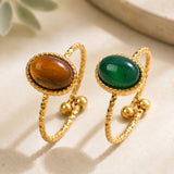 Stainless Steel Oval Agate Tiger Eye Womens Polished Textured Adjustable Cuff Ring Gold R232 product image 2