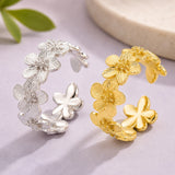 18K Gold-Plated Flower Womens Textured Shiny Floral Adjustable Open Cuff Ring Silver R233 product image 2