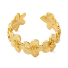 18K Gold-Plated Flower Womens Textured Shiny Floral Adjustable Open Cuff Ring Silver R233