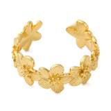 18K Gold-Plated Flower Womens Textured Shiny Floral Adjustable Open Cuff Ring Silver R233