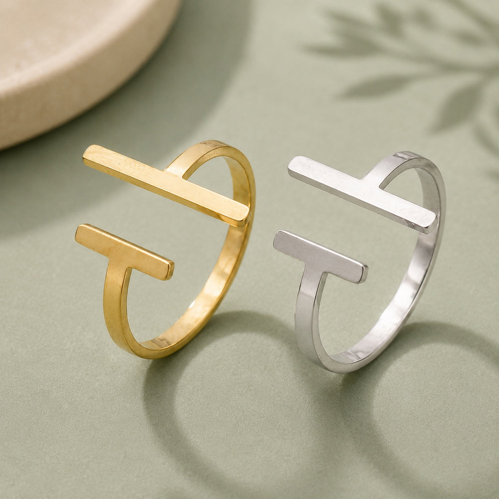 18K Gold-Plated Stainless Steel Womens Smooth Textured Adjustable Open Cuff Ring Silver R235 product image 1