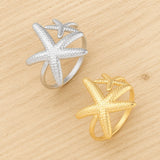 18K Gold-Plated Stainless Steel Starfish Textured Star Adjustable Open Cuff Ring Silver R236 product image 1