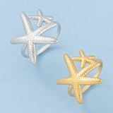 18K Gold-Plated Stainless Steel Starfish Textured Star Adjustable Open Cuff Ring Silver R236 product image 2