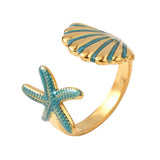 Stainless Steel Enamel Shell Starfish Dark Polished Star Adjustable Cuff Ring Gold Cyan R237