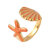 Stainless Steel Enamel Shell Starfish Dark Polished Star Adjustable Cuff Ring Gold Cyan R237
