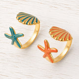 Stainless Steel Enamel Shell Starfish Dark Polished Star Adjustable Cuff Ring Gold Cyan R237 product image 1