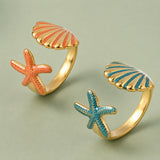 Stainless Steel Enamel Shell Starfish Dark Polished Star Adjustable Cuff Ring Gold Cyan R237 product image 2