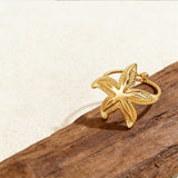 Stainless Steel Starfish Ocean Polished Textured Star Adjustable Open Ring Gold R238 product image 3