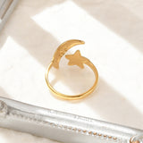 18K Gold-Plated Stainless Steel Star Moon Womens Polished Adjustable Cuff Ring R241 product image 3
