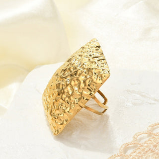 18K Gold-Plated Stainless Steel Textured Square Top Surface Adjustable Open Cuff Ring R243 product image 1
