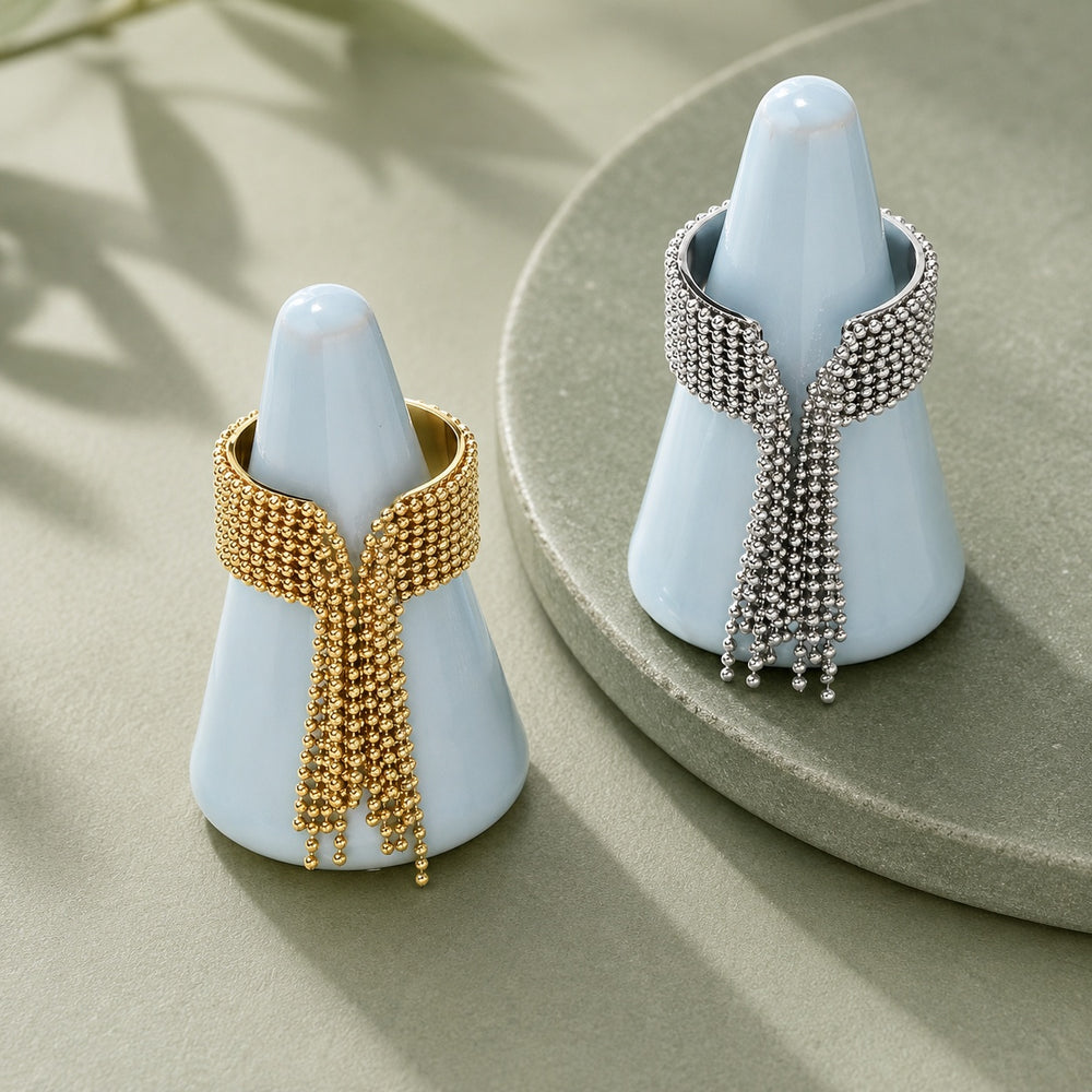 18K Gold-Plated Stainless Steel Round Womens Textured Adjustable Cuff Ring Silver R242 product image 1
