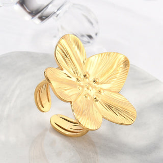 18K Gold-Plated Stainless Steel Flower Polished Textured Adjustable Open Ring R247 product image 1