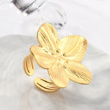 18K Gold-Plated Stainless Steel Flower Polished Textured Adjustable Open Ring R247 product image 1