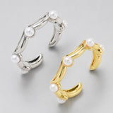 18K Gold-Plated Cubic Zirconia Pearl Micro Pave Star Shiny Curved Metal Hoops Open Ring R256 product image 1