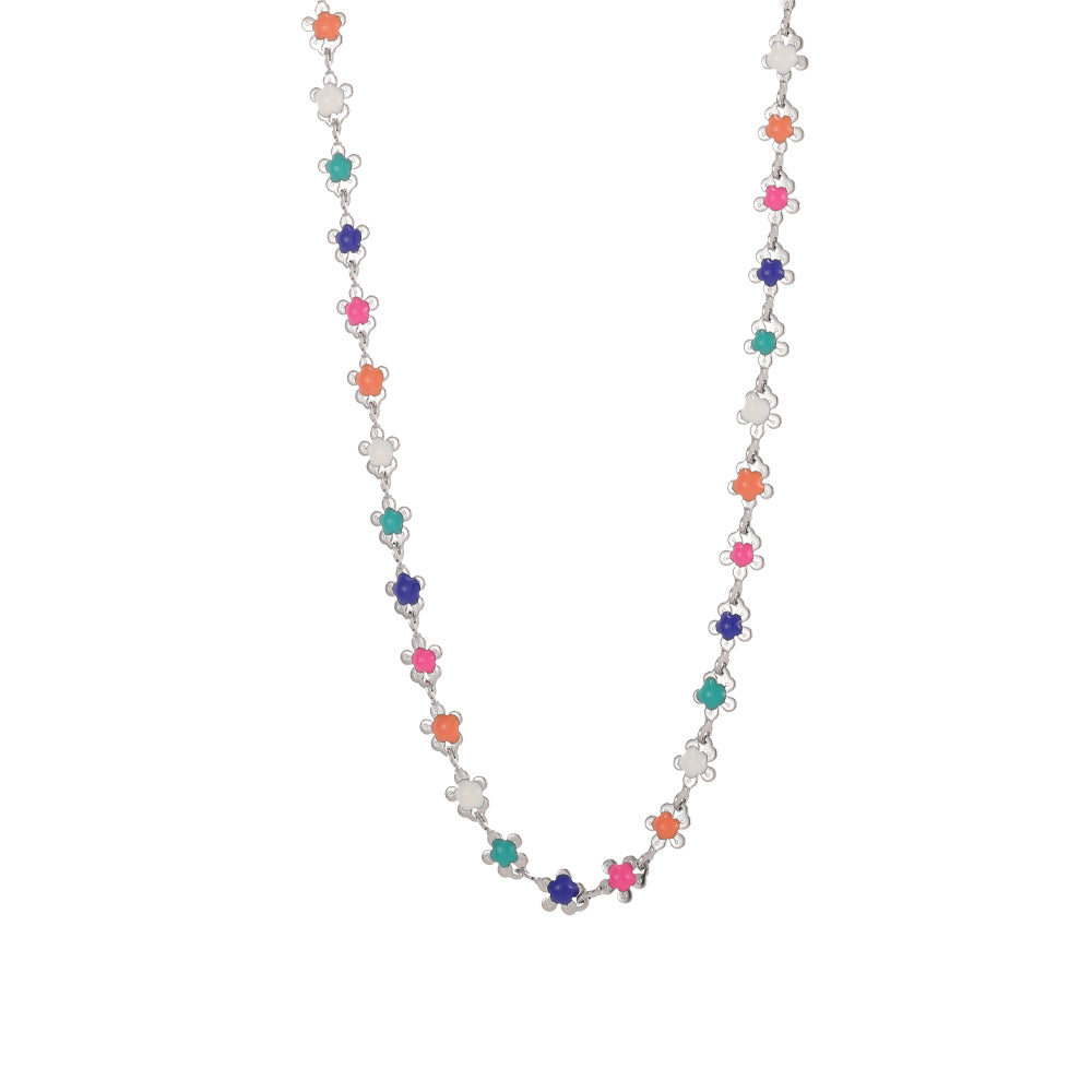 Stainless Steel Enamel Flower Link Polished Glossy Chain Necklace Silver 16.93 in N152 product image 1