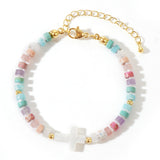 Shell Cross Slide Clasp Lobster Beaded Smooth Glossy Adjustable Stretch Bracelet Gold 11 in T153