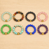 Stainless Steel Amethyst Stretch Quartz Jasper Smooth Polished Round Adjustable Beaded Ring Gold R259 product image 1