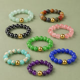 Stainless Steel Amethyst Stretch Quartz Jasper Smooth Polished Round Adjustable Beaded Ring Gold R259 product image 2