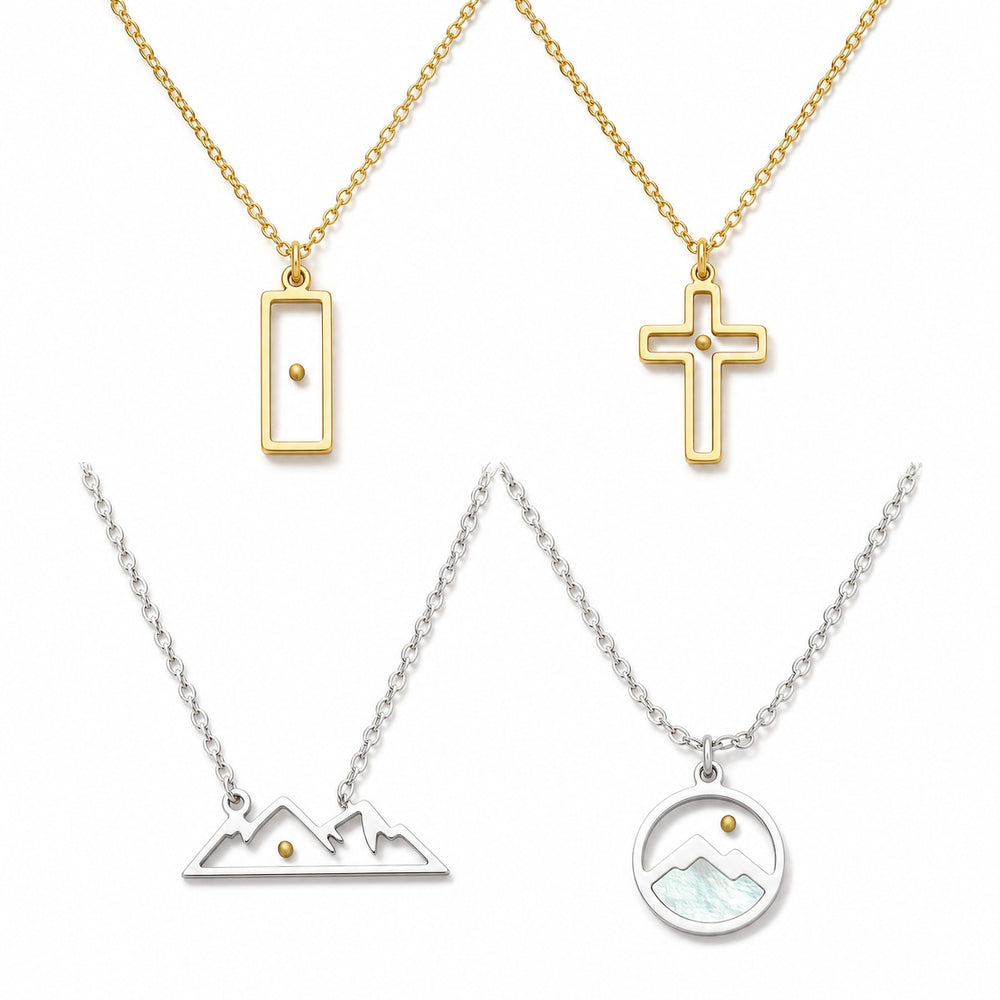 Stainless Steel Shell Cross Mountain Flat Round Pave Polished Rectangle Pendant Necklace Gold N154 product image 1